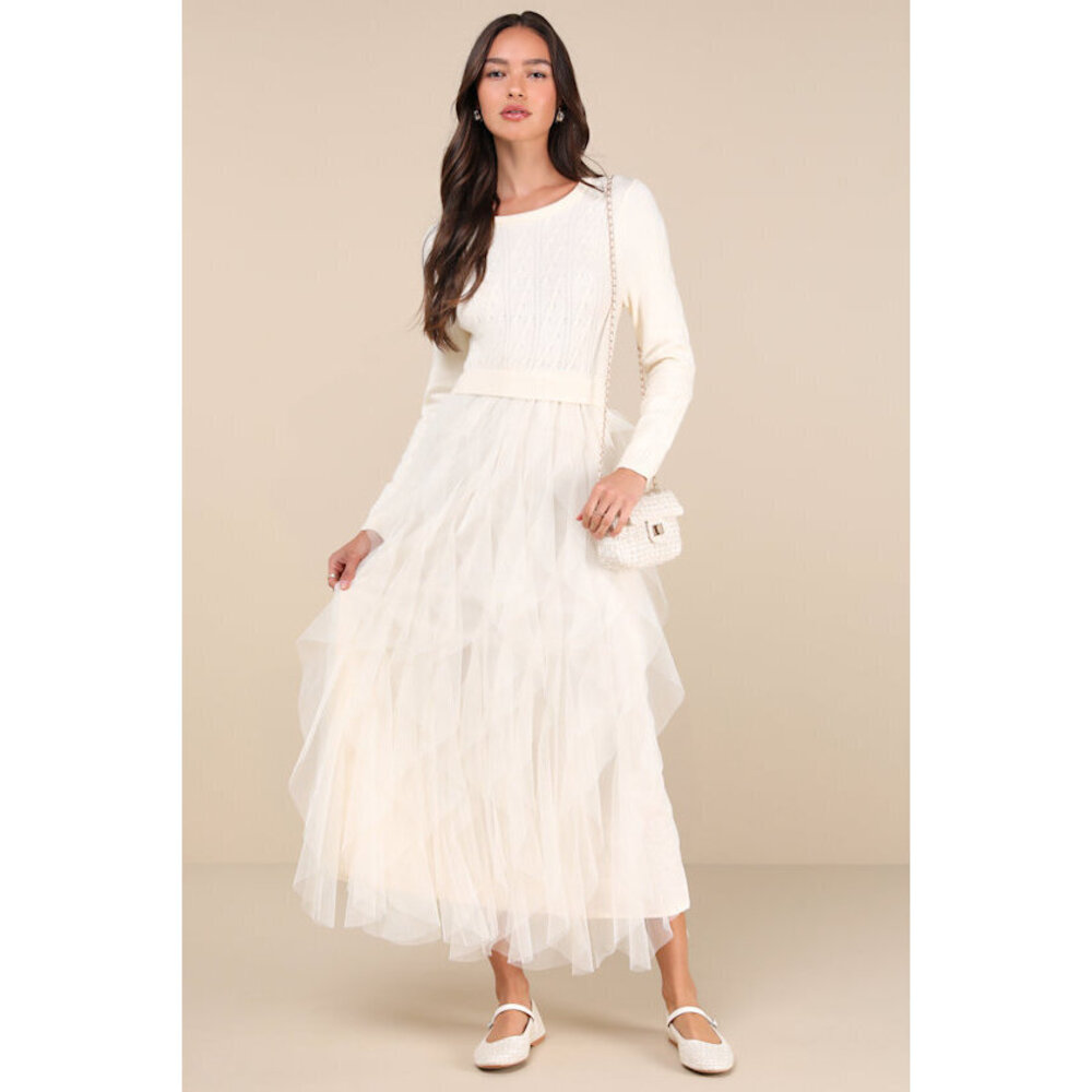 NEW W/ TAG Lulus Ivory Cable Knit Ruffled Tulle Maxi Dress - Size S